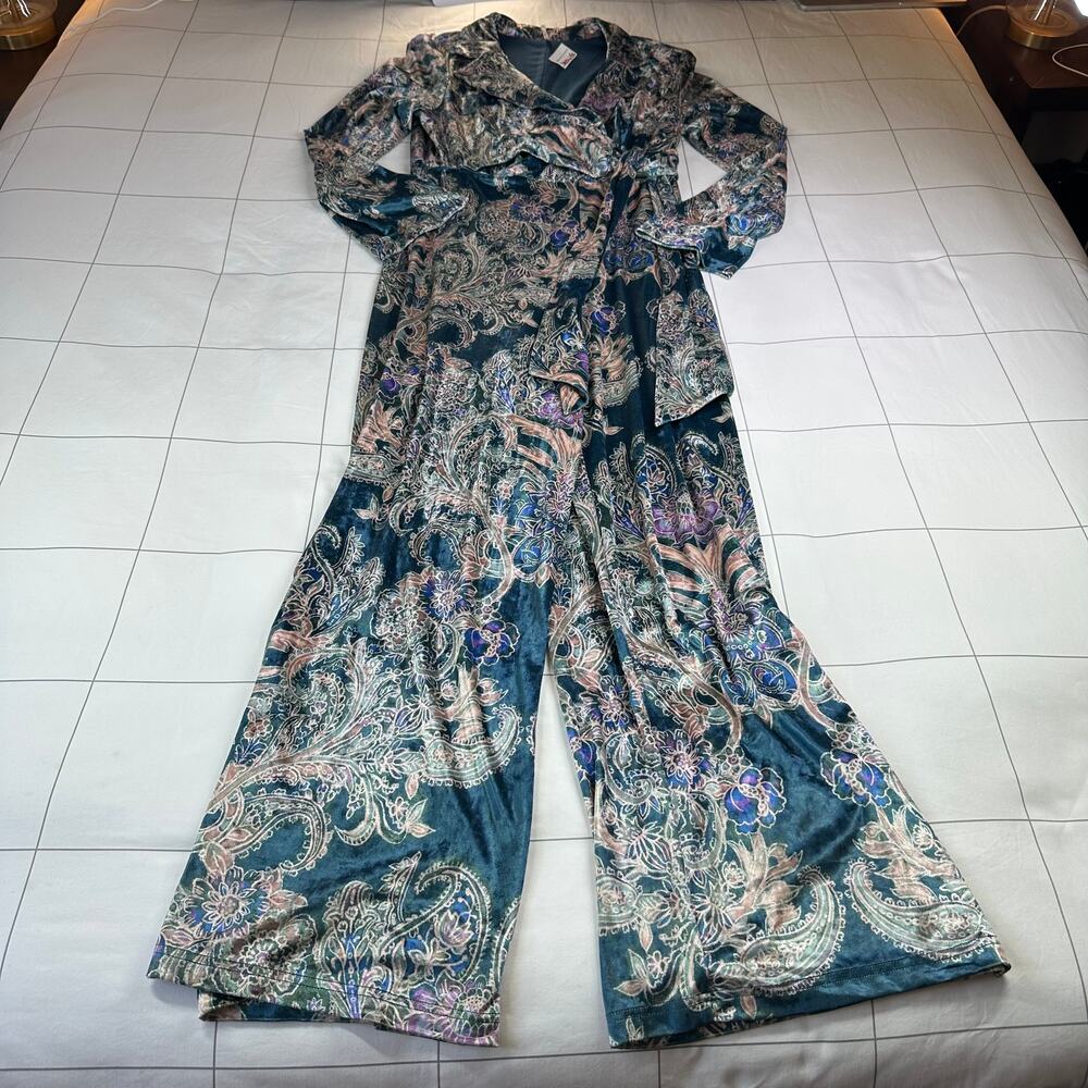 Free People Delphine Jumpsuit Womens Medium Blue Velvet Paisley Bohemian Holiday - Picture 3 of 14